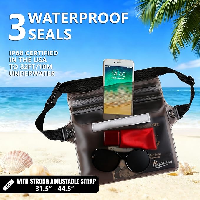 Waterproof Fanny Pack with Triple Zip Lock, Submersible Up to 32FT Dry Bag Pouch, Touchscreen Phone Case for Beach, Cruise, Swimming & Kayaking Essentials