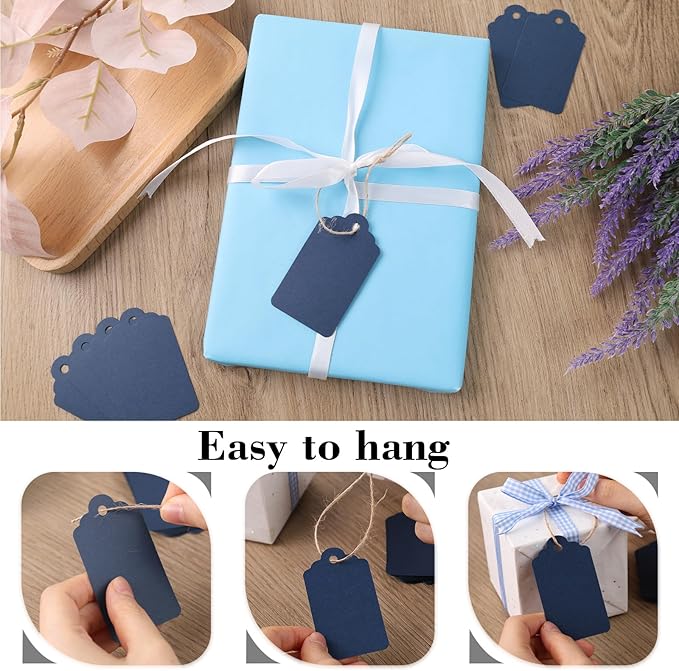 SallyFashion 120PCS Gift Tags with String, Navy Blue Paper Gift Tags Hanging for Wedding Birthday Gifts DIY
