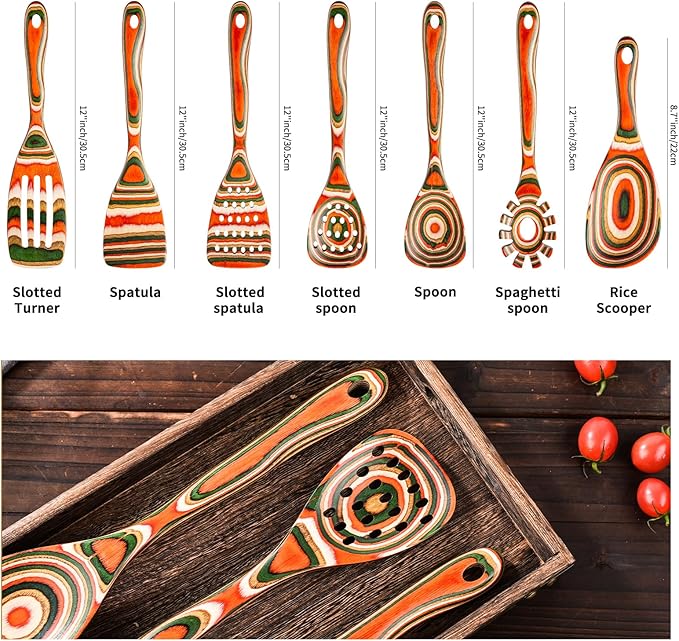 Gudamaye Pakkawood 7-Piece Red Wooden Cooking Utensils, Wooden Spoons for Cooking,Wooden Spoon Set, Wooden Kitchen Utensil set, Pakkawood kitchen Utensils for Serving, Bridal Shower Gifts