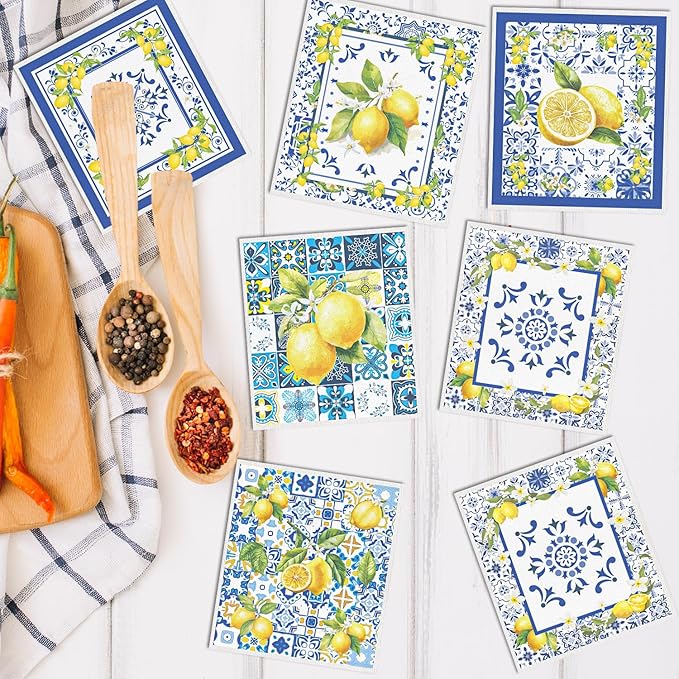 Blue Tiles Lemons Swedish Dishcloths, 6 Pack Reusable Swedish Dish Cloths for Kitchen, Washable Absorbent Dish Towel Rag Set Cellulose Sponge Cloths Housewarming Gifts