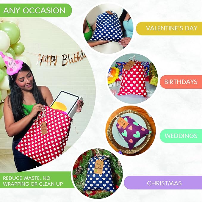 12 pcs Reusable gift bags. Bonus: 15 Gift tags & String. Multipurpose Gift wrap bags. Fabric gift bags. Gift bags assorted sizes for Holiday gifts, birthdays, parties. 15th Ed.