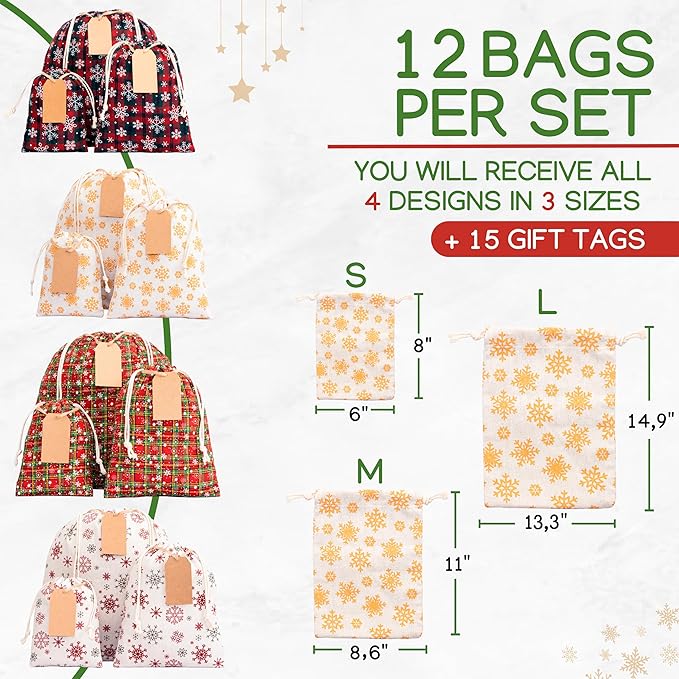 12 Pack Reusable Christmas gift bags with 15 gift tags. Gift sacks. Fabric drawstring holiday gift bags in assorted sizes. Xmas bags for presents, parties & stocking stuffers. (CE3)