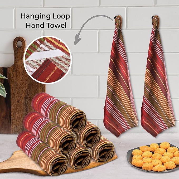 Urban Villa Kitchen Towels Harvest Stripes Print Dish Towels Set of 6 20"X30” 100% Cotton Highly Absorbent Quick Drying Dish Cloths & Dish Towels Thanksgiving Fall Tea Towels with hanging loop Towels