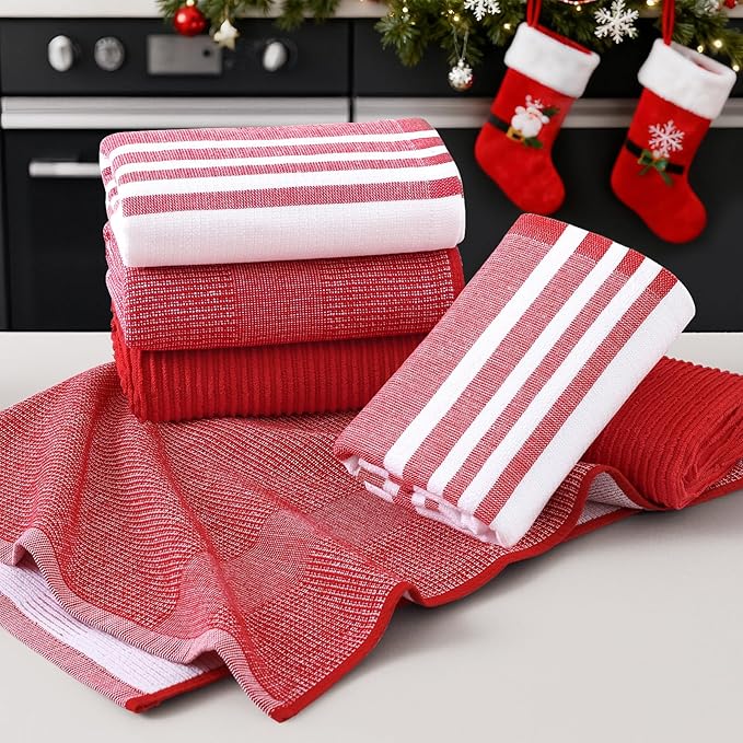 Homaxy Premium Kitchen Towels(18”x 28”, 12 Pack), Large Cotton 380 GSM Kitchen Hand Towels, Soft and Absorbent Terry Dish Towels, Multipurpose Tea Towel Set with Hanging Loop, Red
