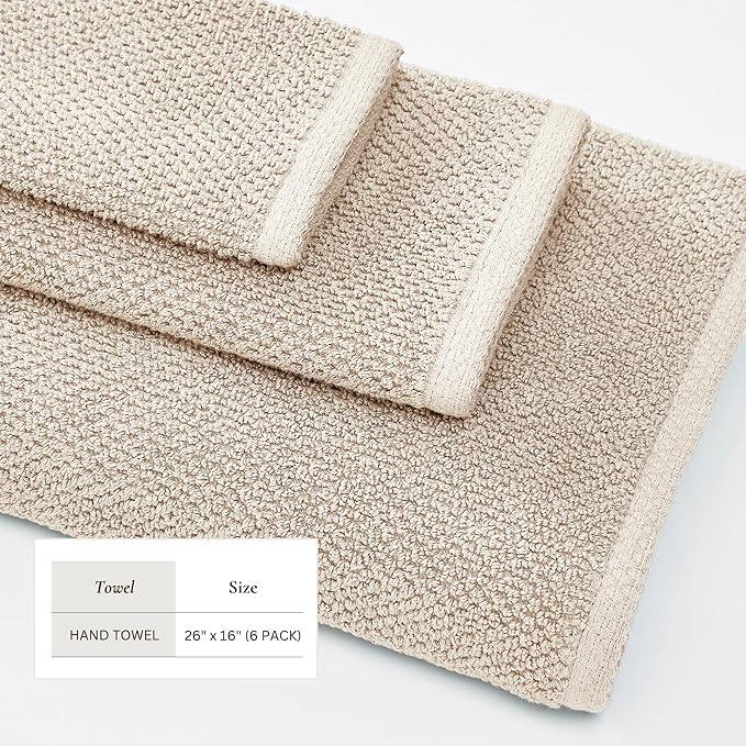 Great Bay Home Taupe Hand Towel Set – 100% Cotton 6-Pack 26"x16", Absorbent & Quick-Drying, Soft & Durable
