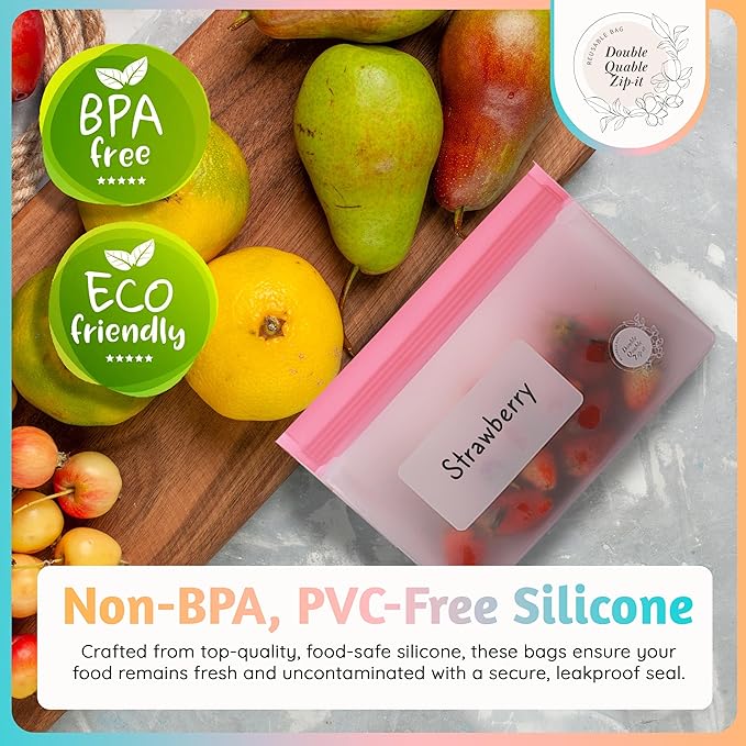 Reusable Food Storage Bags – 10-Pack Stand-Up, BPA-Free, Freezer, Dishwasher Safe, & Eco-Friendly– 5 L, 5 M Bags – Airtight Leakproof Sandwich, Snack, Travel & Make-Up baggies (Multicolor)