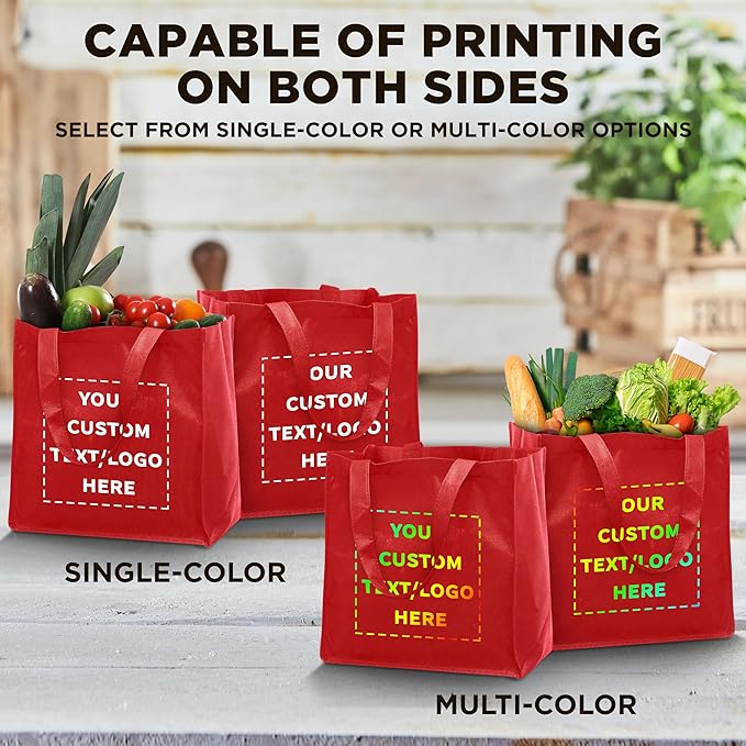 DISCOUNT PROMOS Custom Reusable Cloth Grocery Shopping Tote Bags Set of 10/50/100, Personalized Bulk Pack - Foldable, Washable, Shopper Bag - Red