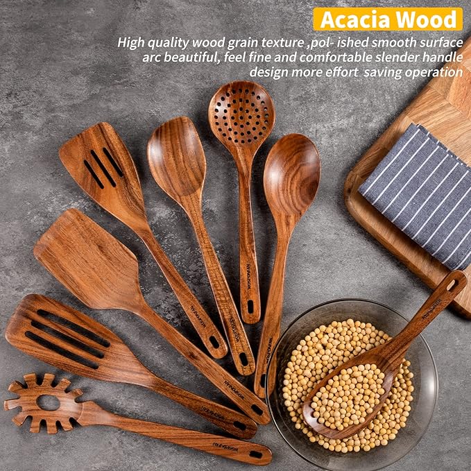 Wooden Spoons for Cooking, 8 PCS WOSPONFAN Kitchen Utensils Set, Wooden Utensils for Cooking - Wooden Spoons, Spatula Set, Slotted Spoon, Handmade Acacia Wooden Spoon Set