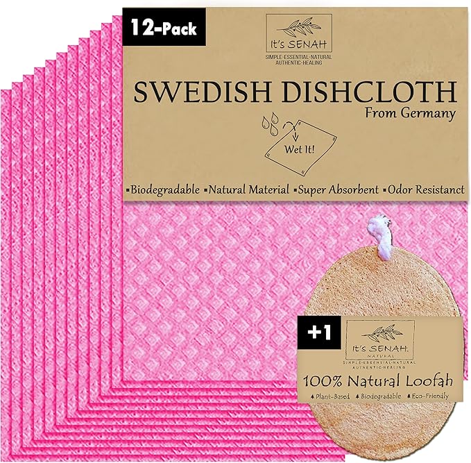 It's Senah [12Pack+1Loofah Dish Sponge] 100% Natural Biodegradable Swedish Dishcloths for Kitchen | No-Discoloration, No-Odor, Super Absorbent Dish Sponge | Paper Towel Replacement.