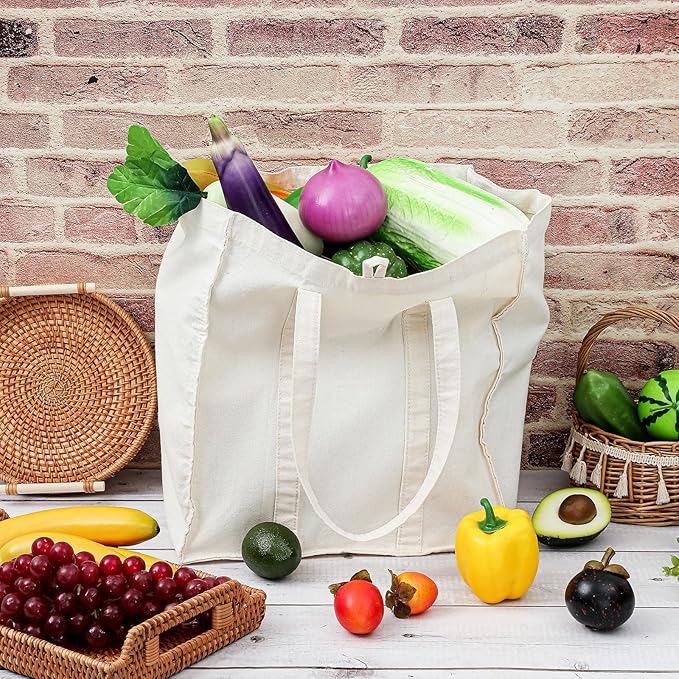 Amylove 12 Pack Canvas Tote Bag Canvas Grocery Bag Large Reusable Heavy Duty Shopping Pouches Bulk with Handle 15 x 13 x 10''