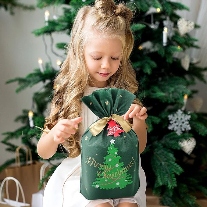 Fabric Christmas Gift Bags - 6 Pcs Gift Bags with Drawstring, Large Reusable Christmas Bags for Gifts (Green Xmas Tree Assorted)