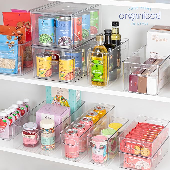 primebox Plastic Food Storage 4 Pack Clear Container Bin with Handles for Organizing Kitchen, Pantry, Refrigerator, Freezer, Pantry, Cabinet, Closet, Bathroom. 10”x4”x6”