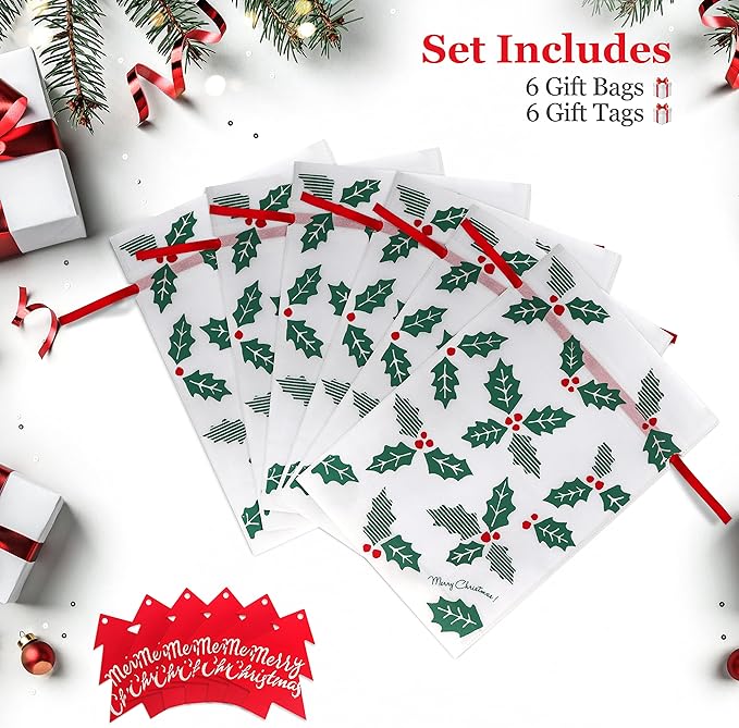 Fabric Gift Bags for Christmas Presents - Set of 6 Christmas Bags with Drawstring, Large Gift Bags for Presents, Xmas Gift Wrap, Reusable Drawstring Bags for Gifts (Holly Large)