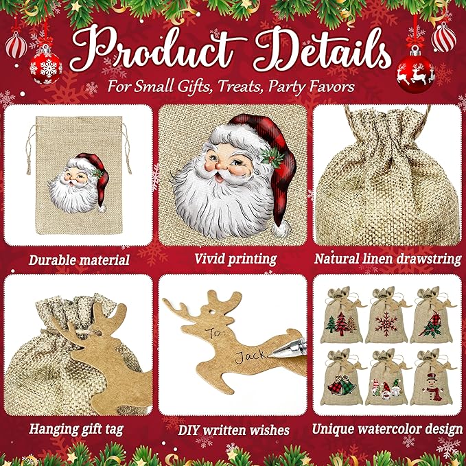 BORAMDO Christmas Burlap Gift Wrapping Bags with Drawstrings 24Pcs, Christmas Buffalo Plaid Linen Treat Candy Bags for Holiday Party Favor Supplies