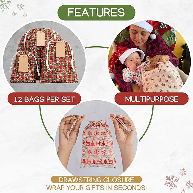 12 Pack Reusable Christmas gift bags with 15 gift tags. Gift sacks. Fabric drawstring holiday gift bags in assorted sizes. Xmas bags for presents, parties & stocking stuffers. (CE4)