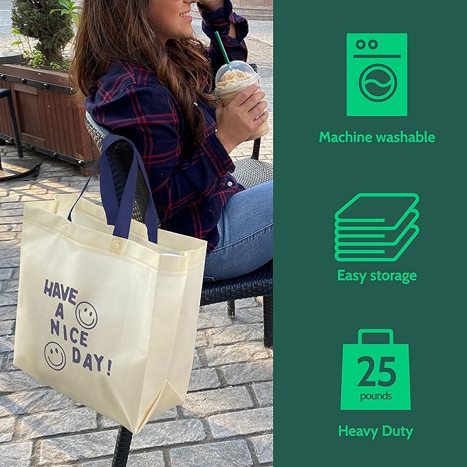 Bagways 50 PACK Reusable Grocery Bags with Handles, Durable, Foldable, Washable Eco-Friendly Shopping Tote Bags Bulk, 14x6.5x14 Inch, Cream/Blue Design