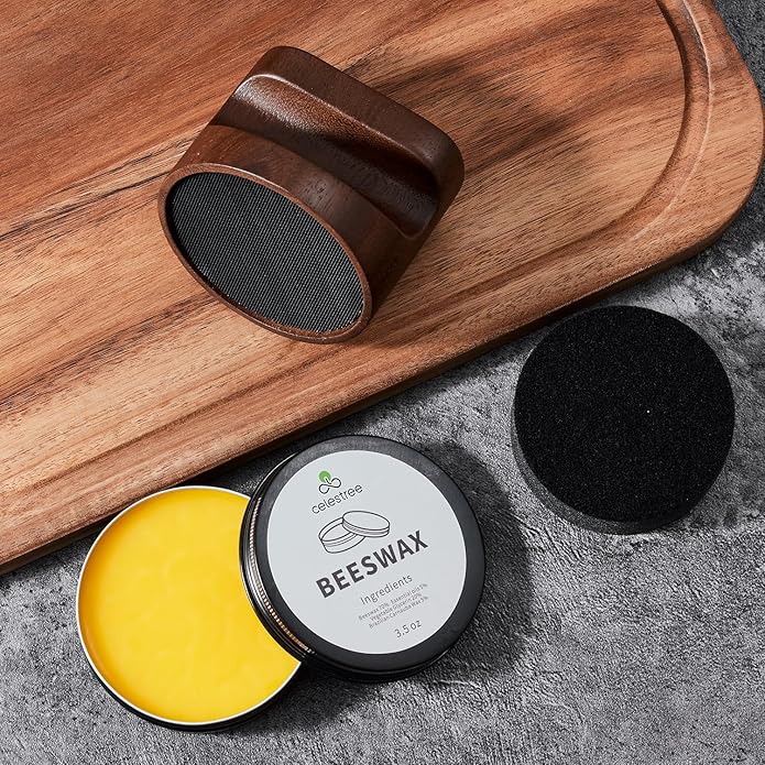 Food Grade Cutting Board Wax Care Kit - Reusable 5 Sponges & 5 Sandpapers, Ergonomic Wood Handle Applicator, 7oz Beeswax Polish for Wood Maintenance, Furniture, Butcher Block, Cast Iron, DIY
