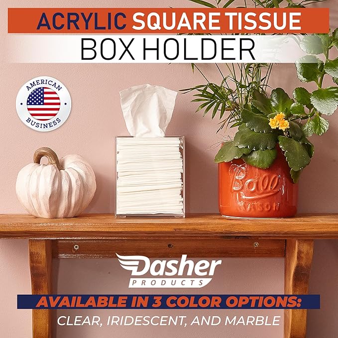 Acrylic Tissue Box Holder, Square Dispenser for Facial Tissues, Napkins, and Dryer Sheets. Perfect for Bathrooms, Desks, Countertops, Vanities, Bedrooms, and Nightstands (Square, Clear)