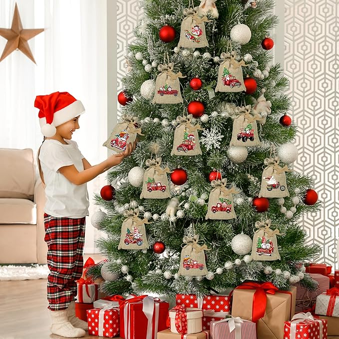 BORAMDO Christmas Burlap Gift Wrapping Bags with Drawstrings 24Pcs, Christmas Red Truck Linen Treat Candy Bags for Holiday Party Favor Supplies