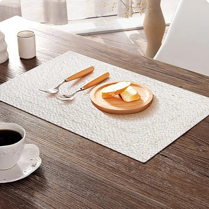 Hausattire Jute Braided Placemats 13x19 Inches Set of 4 Reversible Handwoven Boho Vintage Placemats for Kitchen Dining Tables|BBQ's Thanksgiving Decor Weddings Indoor & Outdoor Parties|Off-White