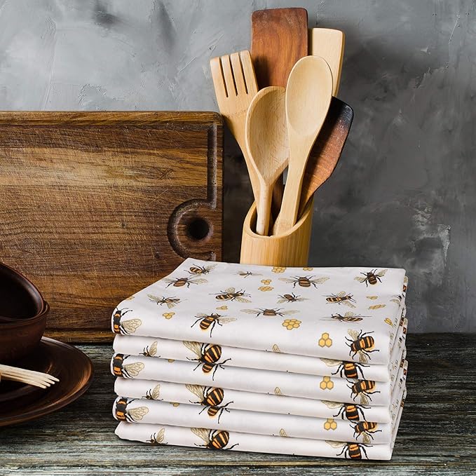 Urban Villa Cotton Kitchen Towels, Honey Bee Print Multi Color, Premium Quality,100% Cotton Dish Towels, Mitered Corners,(Size: 20X30 Inch), Highly Absorbent Bar Towels & Tea Towels - (Set of 6)