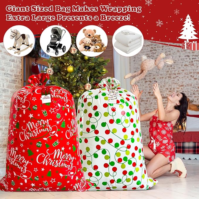 POPGIFTU Extra Large Christmas Gift Bags Bulk - 4 Pack Jumbo Santa Sacks 54.3" x 36.2" Heavy Duty Plastic Xmas Wrapping Bags for Oversized Presents, Toys & Holiday Gifts with Tags & Ties