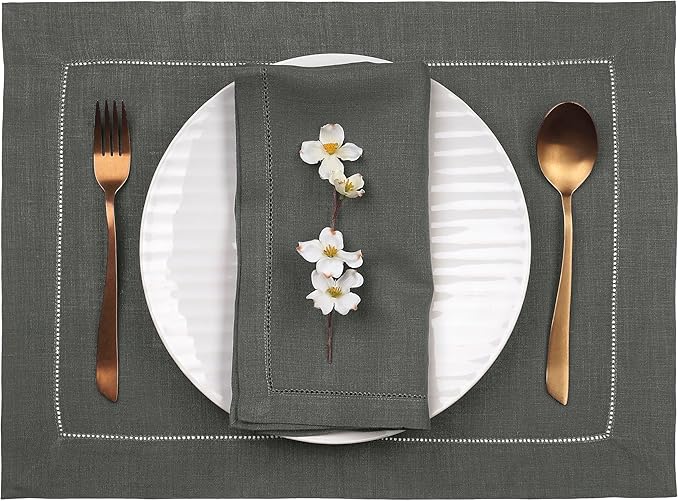 D'Moksha Homes Linen Placemats Set of 4 - Classic Hemstitch Charcoal Grey Placemats 14 x 19 Inch - 100% Pure Linen Table Mats for Christmas, Holiday - Handcrafted and Machine Washable