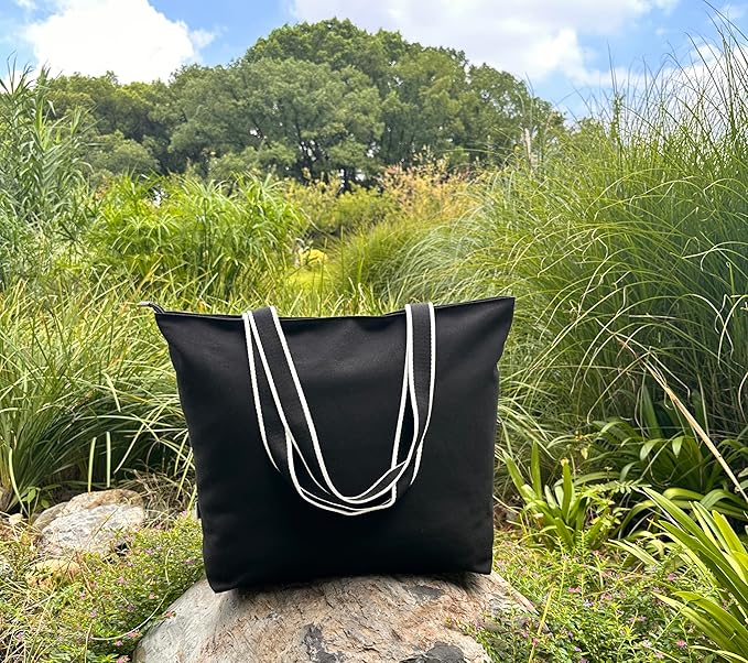 16OZ Cotton Canvas Zipper Closure Lined Grocery Shopping Beach Casual Multi Purpose Tote X-Large