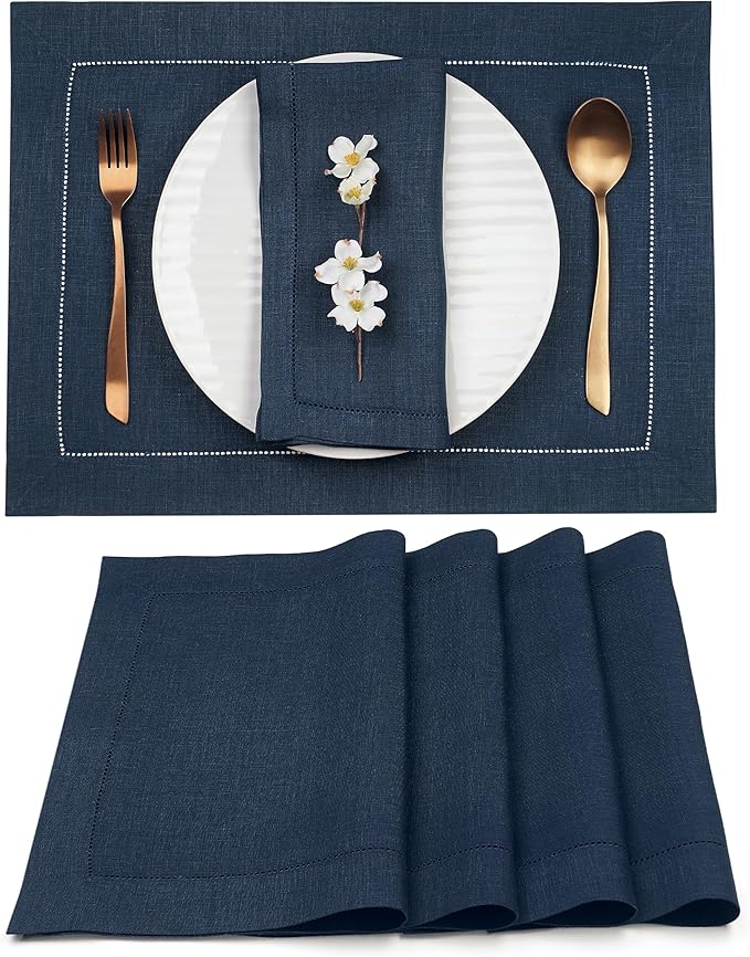 D'Moksha Homes Linen Placemats Set of 4 - Classic Hemstitch Navy Blue Placemats 14 x 19 Inch - 100% Pure Linen Table Mats for Winter, Christmas, Holiday - Handcrafted and Machine Washable