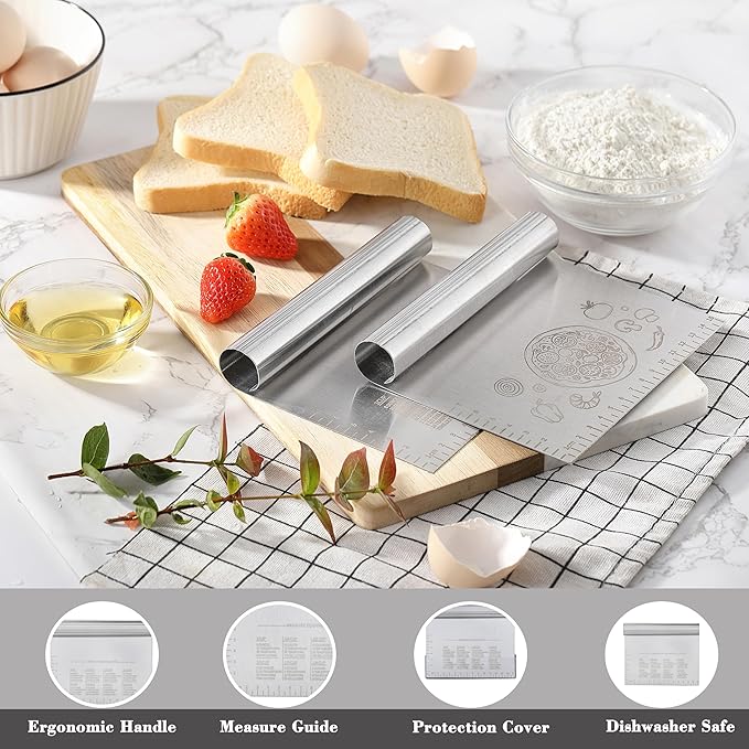 2PCS Bench Dough Scraper Cutter, LCCOWOT Stainless Steel Kitchen Food Scraper Chopper with Matched Protective Cover, 6 inch Bench Knife for Banking & Cooking (2Pack, Silver)