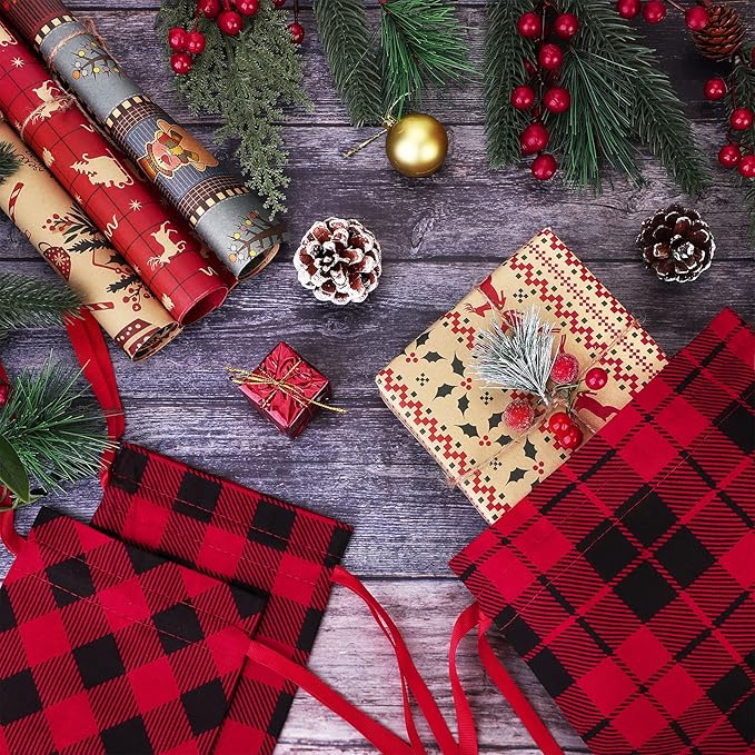 Aneco 15 Packs Christmas Buffalo Plaid Gift Bags with Drawstring Xmas Stocking Bags with 24 Pieces Kraft Tags for Gift Wrapping, Daily use, Assorted sizes