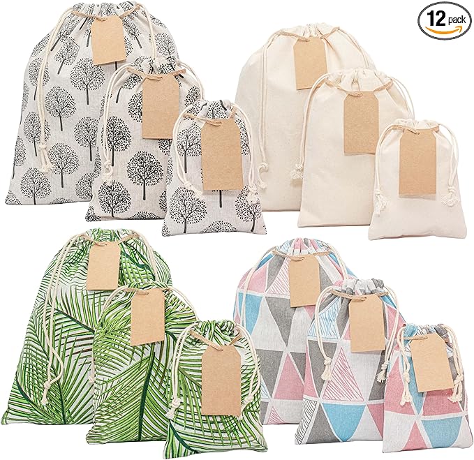 12 pcs Reusable gift bags. Bonus: 15 Gift tags & String. Multipurpose Gift wrap bags. Fabric gift bags. Gift bags assorted sizes for Holiday gifts, birthdays, parties. 7th Ed.