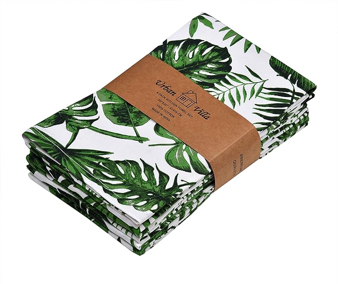 Urban Villa Tropical Print Kitchen Towels - Set of 6, 100% Cotton, Mitered Corners, Oversized 20x30 Inches, Highly Absorbent