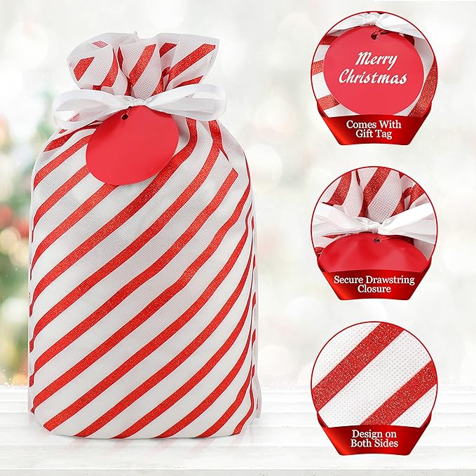 Fabric Gift Bags for Christmas Presents - 6 Pcs Gift Wrap Christmas Bags with Drawstring, Large Xmas Gift Bags for Presents, Reusable Xmas Bags for Gifts (Glitter Red, Assorted)