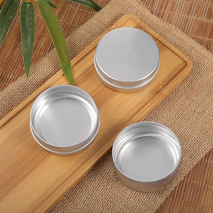 60 Pack 2 OZ Metal Round Tins, Aluminum Tin Cans Containers with Screw Lid for Lotion Bars, Balms, Salve, Spices or Beard Balm