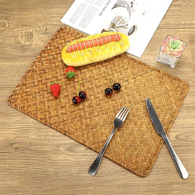 OwnMy Pack of 6 Natural Seagrass Placemats Woven Rattan Place Mat Rectangular Table Mats, 17" x 12" Sea Grass Meal Placemat Bamboo Place Mats for Dining Table Home Kitchen Picnic Table, Caramel Color