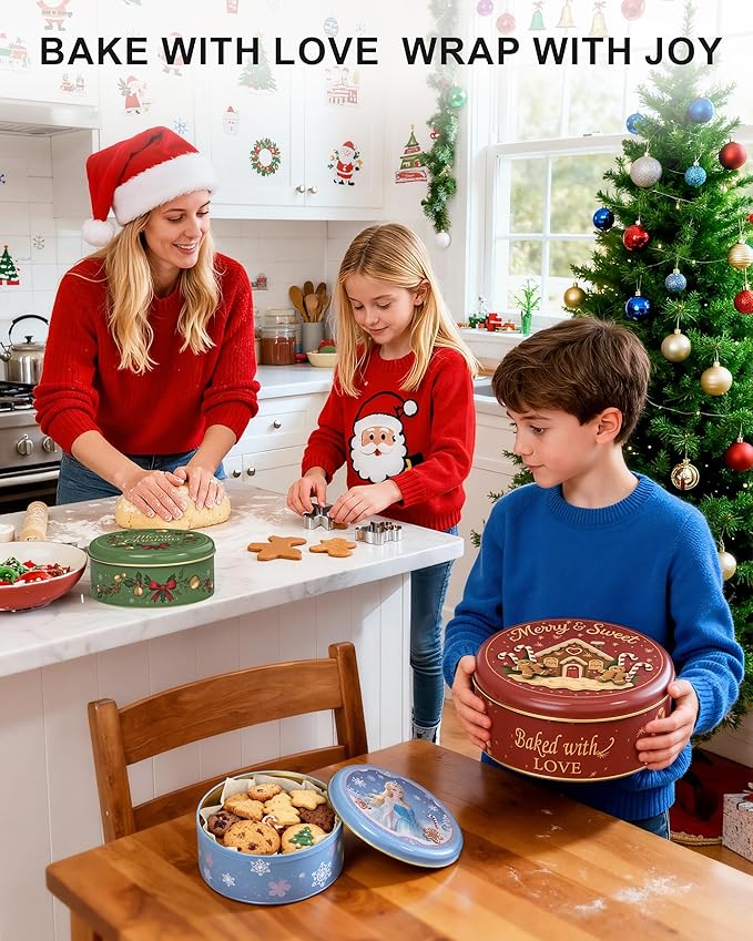 Christmas Cookie Tins with Lids, Set of 3 Larger Holiday Containers for Homemade Cookies, Gifts, Treats, Reusable Round Metal Storage Boxes with 3 Premium Greeting Cards & 16.5ft Ribbon