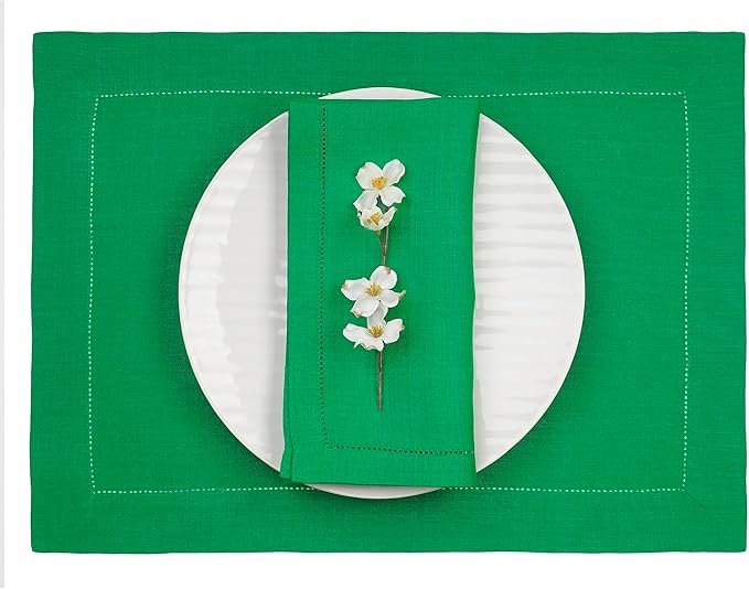 D'Moksha Homes Linen Placemats Set of 4 - Classic Hemstitch Kelly Green Placemats 14 x 19 Inch - 100% Pure Linen Table Mats for Christmas, Holiday - Handcrafted and Machine Washable