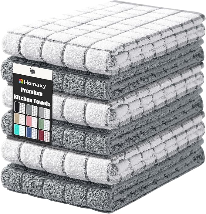 Homaxy Premium Cotton Kitchen Towels 16"x 28", Large Natural Ring Spun 390 GSM Dish Towels, Super Absorbent Terry Kitchen Hand Towels, Soft Tea Towel with Hanging Loop, Grey Check Design, 6 Pack