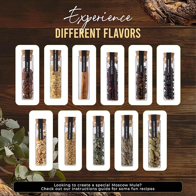 Moscow Mule Kit Gift Set - 2 Copper Moscow Mule Mugs - 11 Botanicals - Stainless Steel Shaker & Jigger - Mudder - Recipe Book -Cocktail Kit - Basket Gifts for Women - Unique Accessories for Infusion