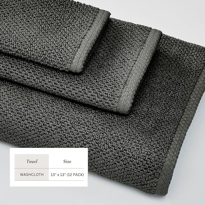 Great Bay Home Dark Grey Washcloth- 100% Cotton 12-Pack 13x13 Wash Cloth - Absorbent, Quick-Drying, Durable Face Towels for Bathroom Decor - Low-Twist, Two-Ply Fibers (Midnight)