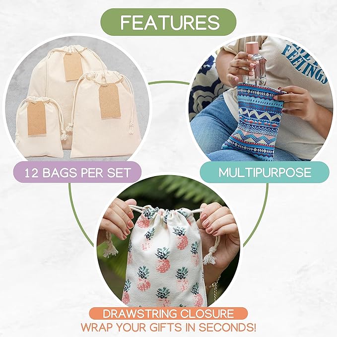 12 pcs Reusable gift bags. Bonus: 15 Gift tags & String. Multipurpose Gift wrap bags. Fabric gift bags. Gift bags assorted sizes for Holiday gifts, birthdays, parties. 2nd Ed.