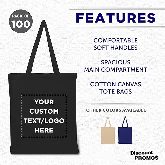 DISCOUNT PROMOS Custom Cotton Canvas Tote Bags Set of 100, Personalized Bulk Pack - Reusable, Great for Shopping, Grocery, Beach, Picnic, Wedding Favors - Black