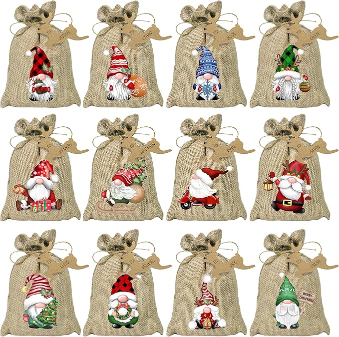 BORAMDO Christmas Burlap Gift Wrapping Bags with Drawstrings 24Pcs, Christmas Gnomes Linen Treat Candy Bags for Holiday Party Favor Supplies