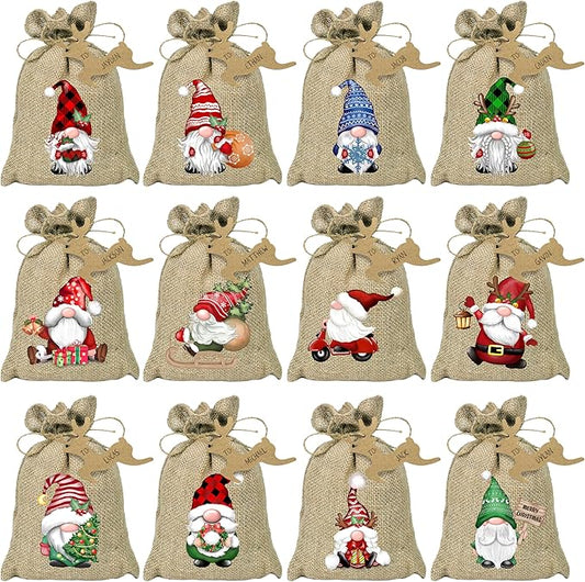 BORAMDO Christmas Burlap Gift Wrapping Bags with Drawstrings 24Pcs, Christmas Gnomes Linen Treat Candy Bags for Holiday Party Favor Supplies