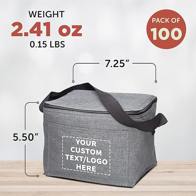 Custom Insulated Cooler Lunch Bag Set of 100, Personalized Bulk Pack - Perfect for Work, Travel, Outdoor Events - Grey
