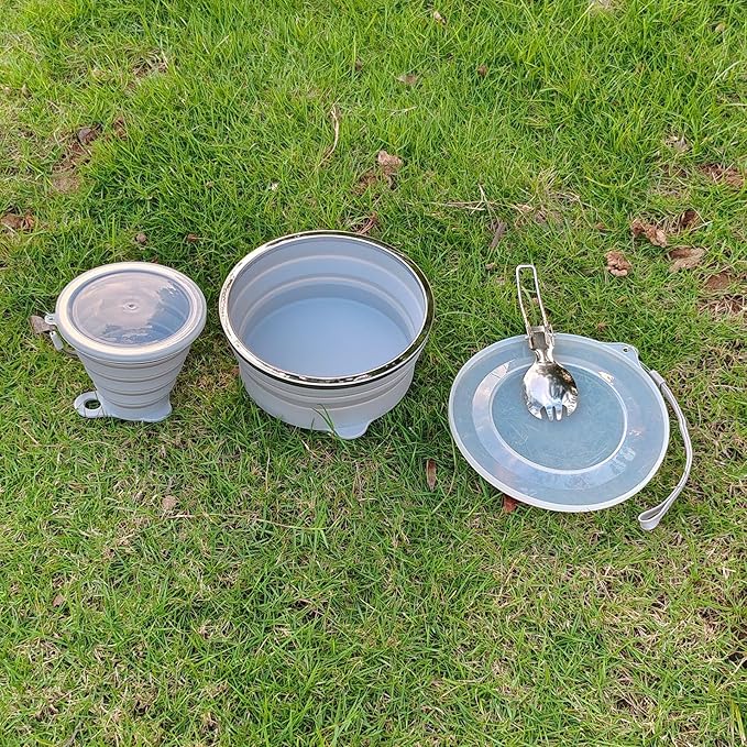 Mess Kit for Camping Silicone Collapsible Bowl Collapsible Cup and Stainless Steel Spoon for Backpacking Outdoor Hiking Traveling and Picnic - 4 Pack