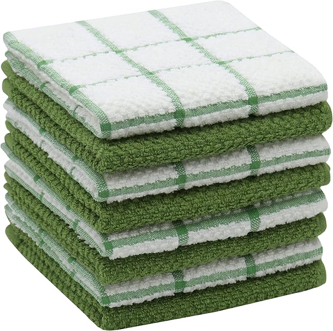 Cleaning Rags Cleaning Cloths for Cleaning House, Cotton Dish Cloths Dish Rags for Washing Dishes, Set of 8, Light and Soft Terry Kitchen Washcloths Kitchen Rags,12 Inch x 12 Inch (Green Set