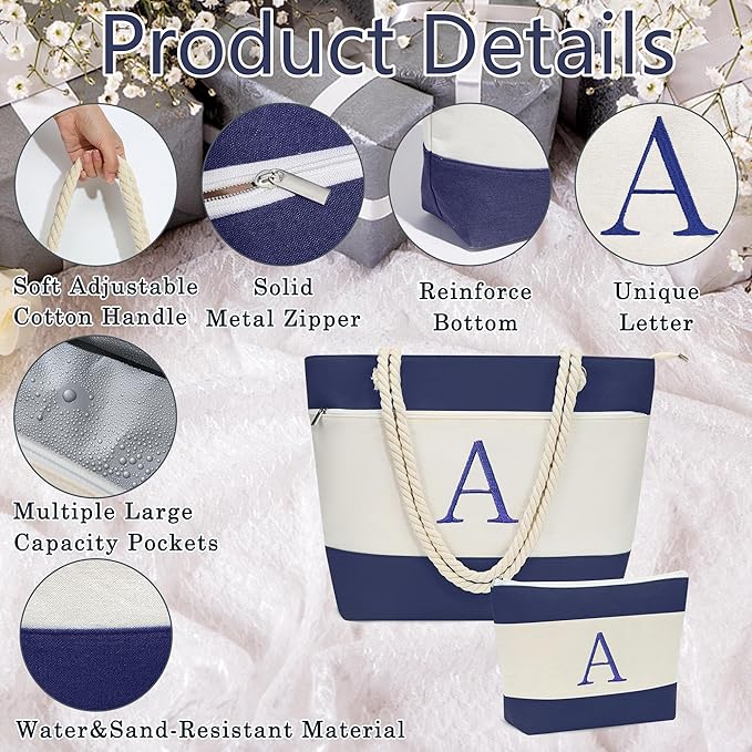 YOOLIFE Christmas Gifts for Women - Personalized Initial Canvas Beach Bags for Women Gifts for Mom Teacher Friend Birthday
