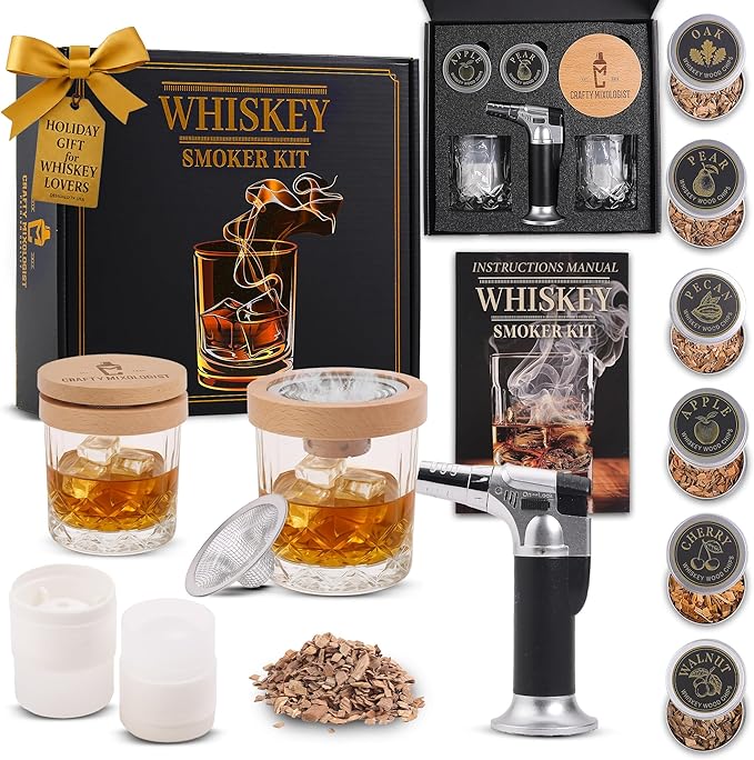 Whiskey Smoker Kit with Torch – 6 Wood Chip Flavors & 2 Glasses – Cocktail Smoker Infuser Set for Old Fashioned and Bourbon– Birthday Gifts for Men, Dad, Husband and Boyfriend(Butane Not Included)